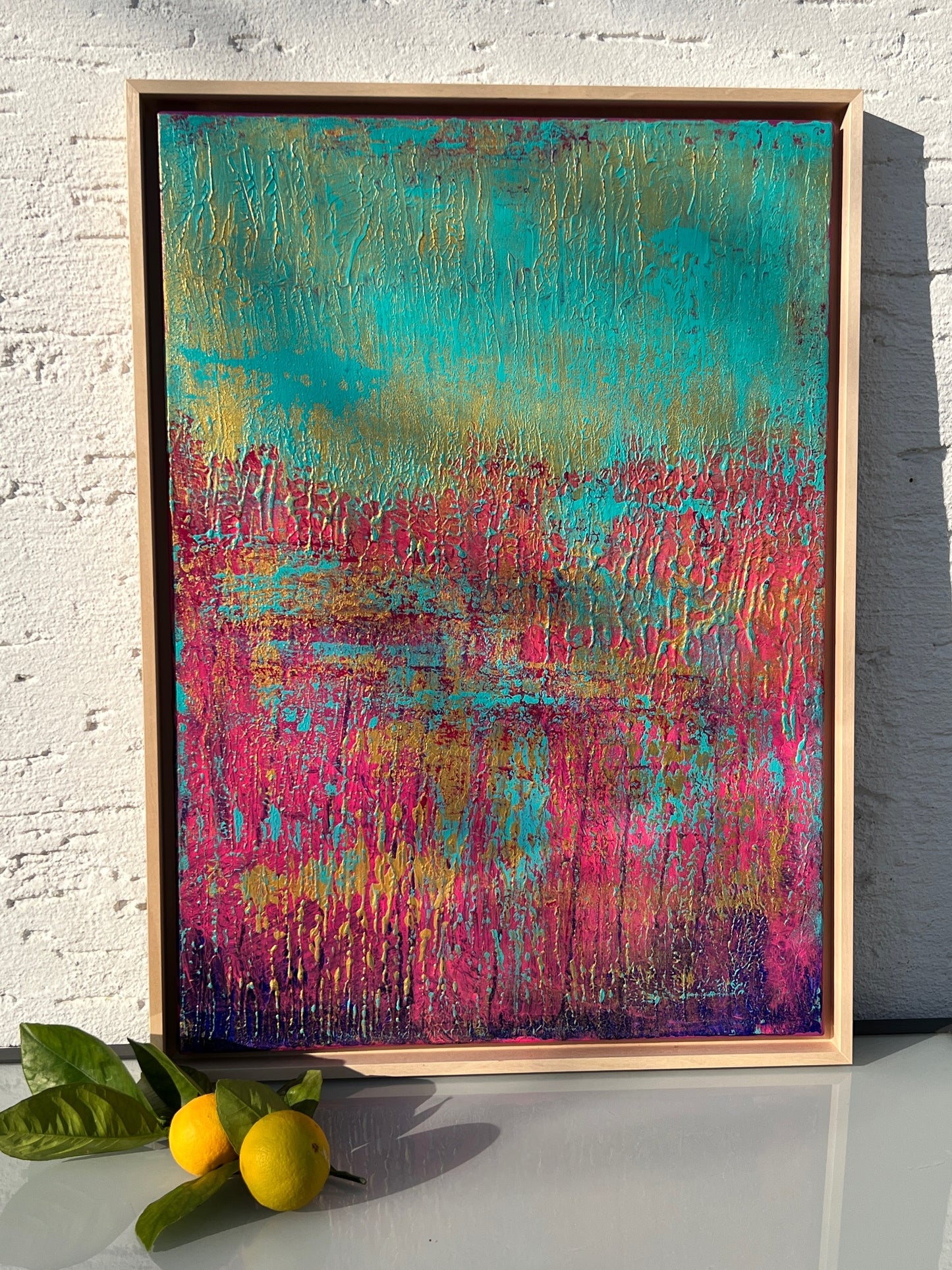 Abstraktes Gemälde, Acryl auf Leinwand, 50x70cm mit Schattenfugenrahmen