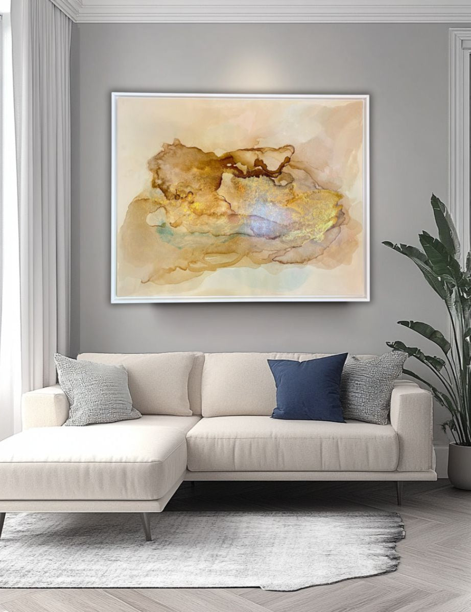 GOLDEN GLOW, Abstraktes Gemälde, Acryl auf Leinwand, 80x100cm mit Schattenfugenrahmen