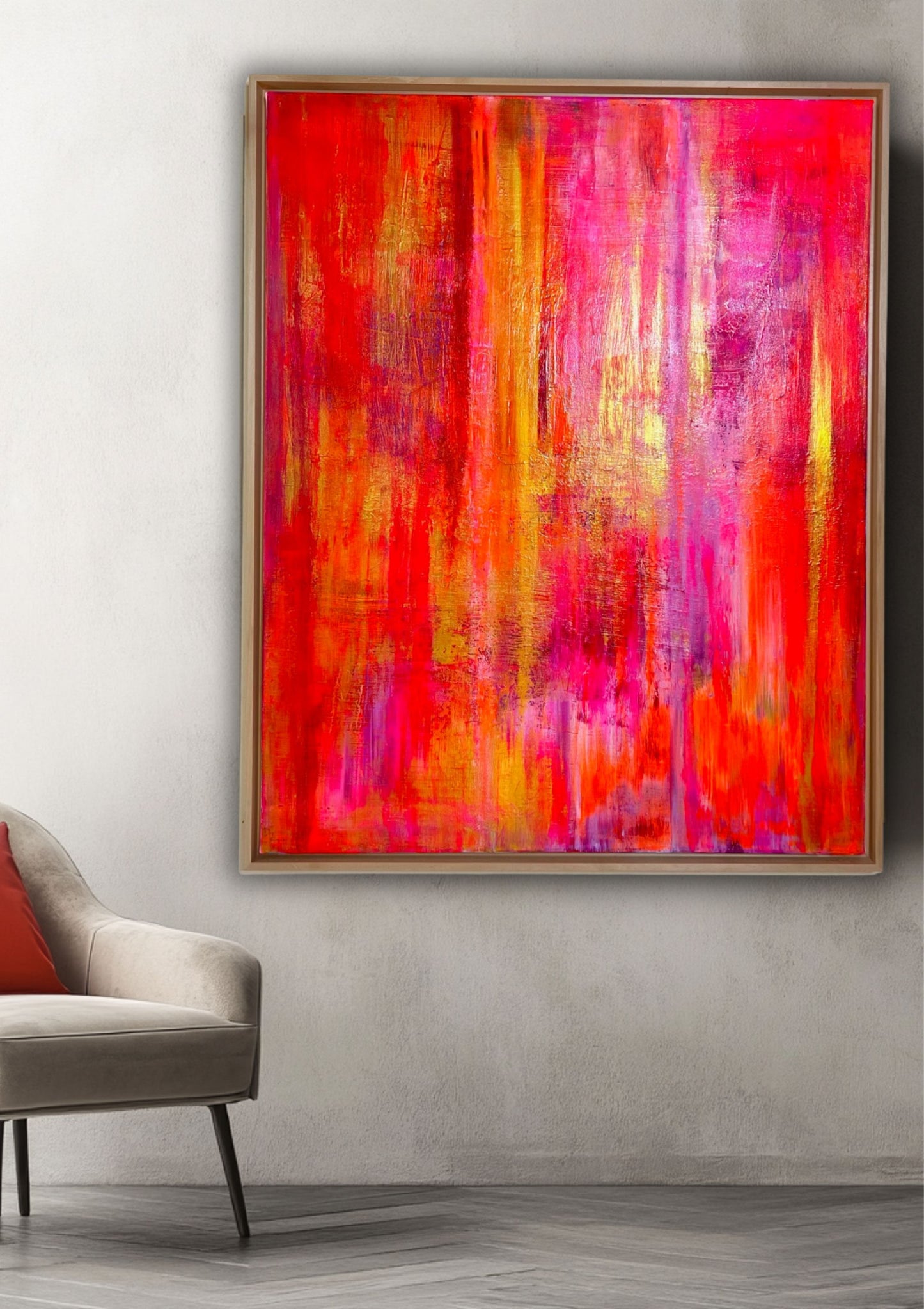 Essence of Summer - Original abstraktes Acrylgemälde, 80x100cm, mit Schattenfugenrahmen