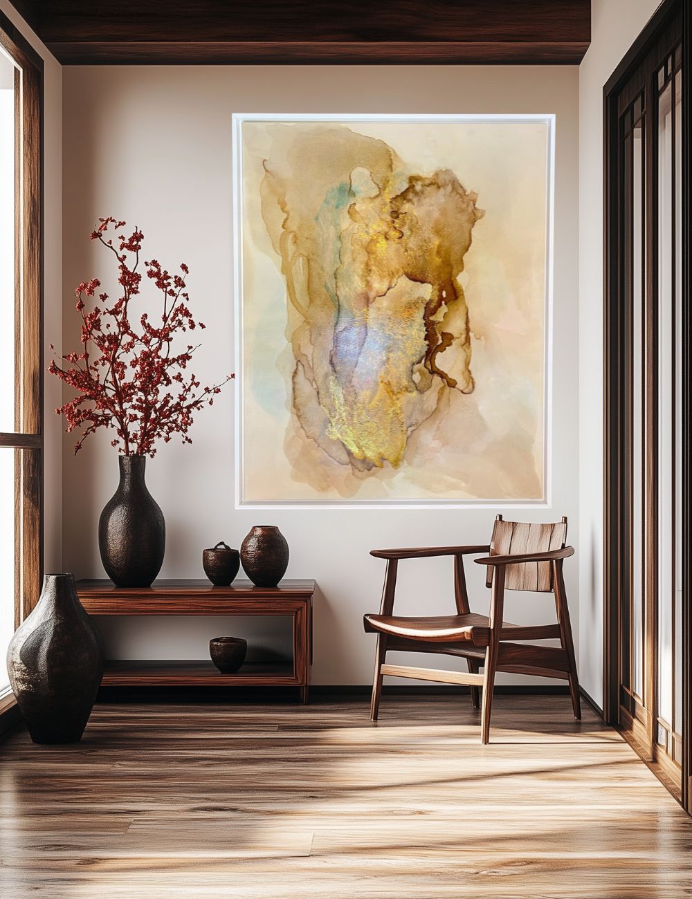 GOLDEN GLOW, Abstraktes Gemälde, Acryl auf Leinwand, 80x100cm mit Schattenfugenrahmen