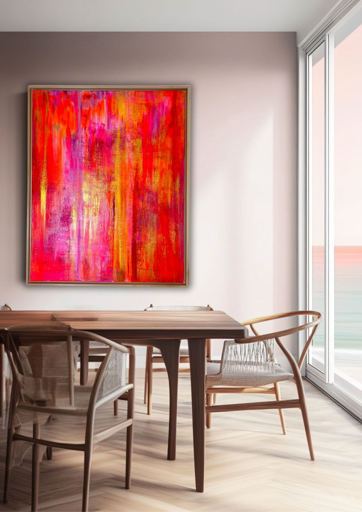 Essence of Summer - Original abstraktes Acrylgemälde, 80x100cm, mit Schattenfugenrahmen