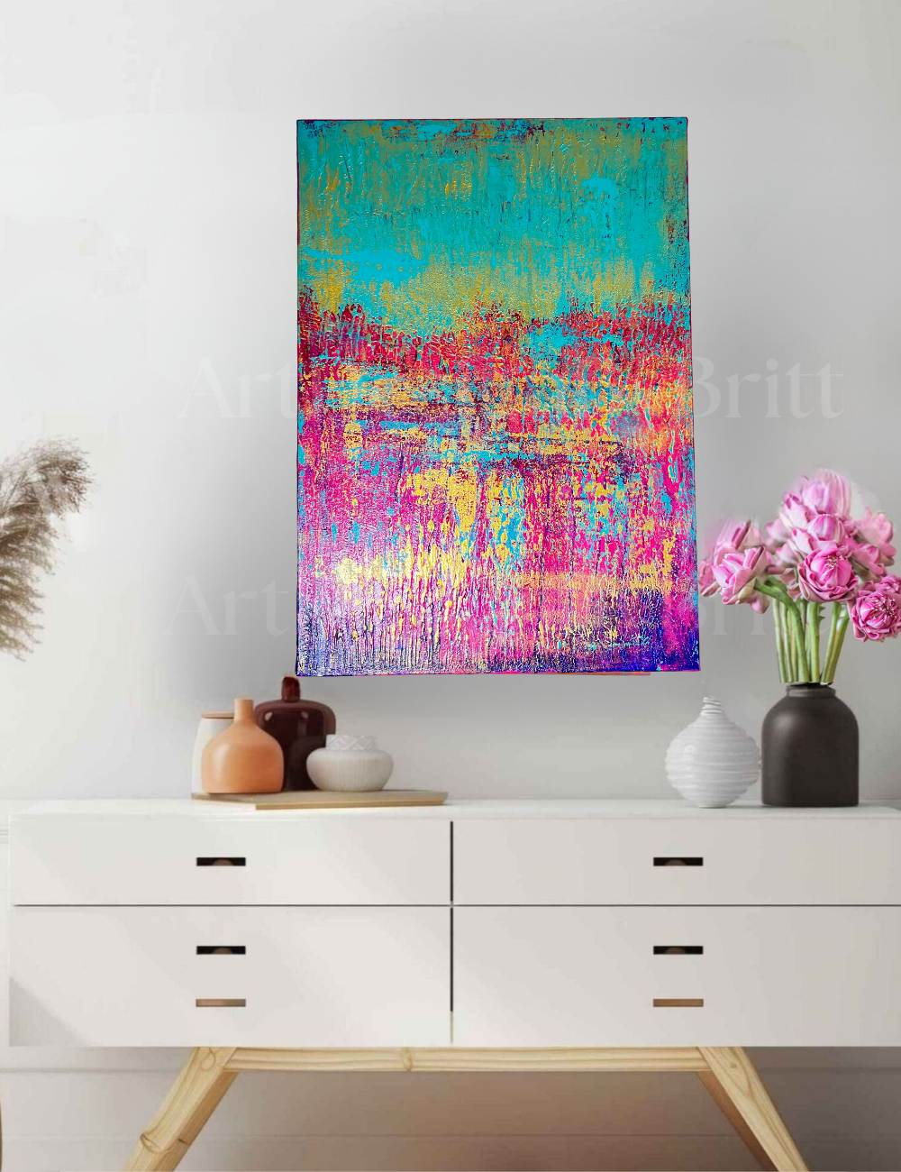 Abstraktes Gemälde, Acryl auf Leinwand, 50x70cm mit Schattenfugenrahmen