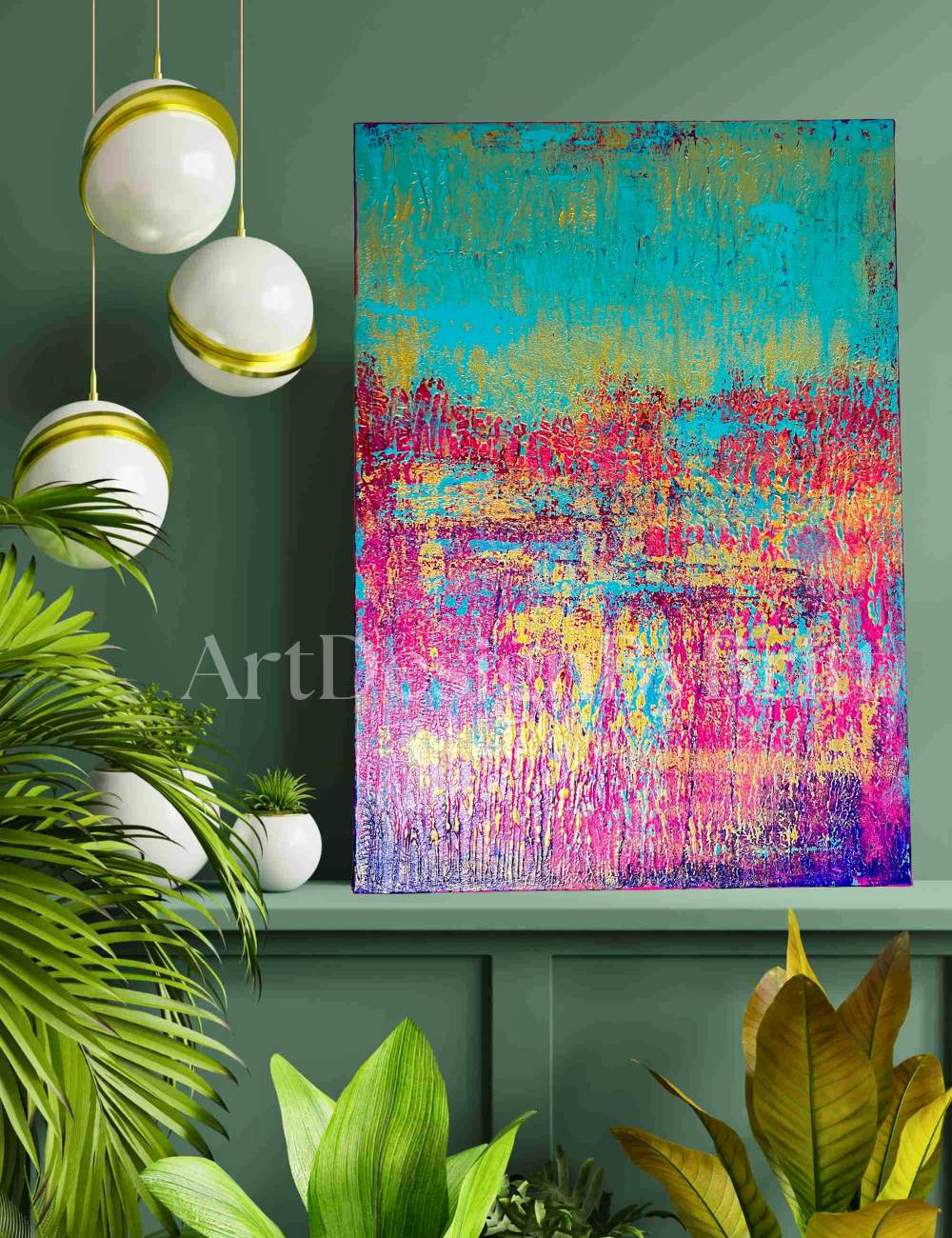 Abstraktes Gemälde, Acryl auf Leinwand, 50x70cm mit Schattenfugenrahmen