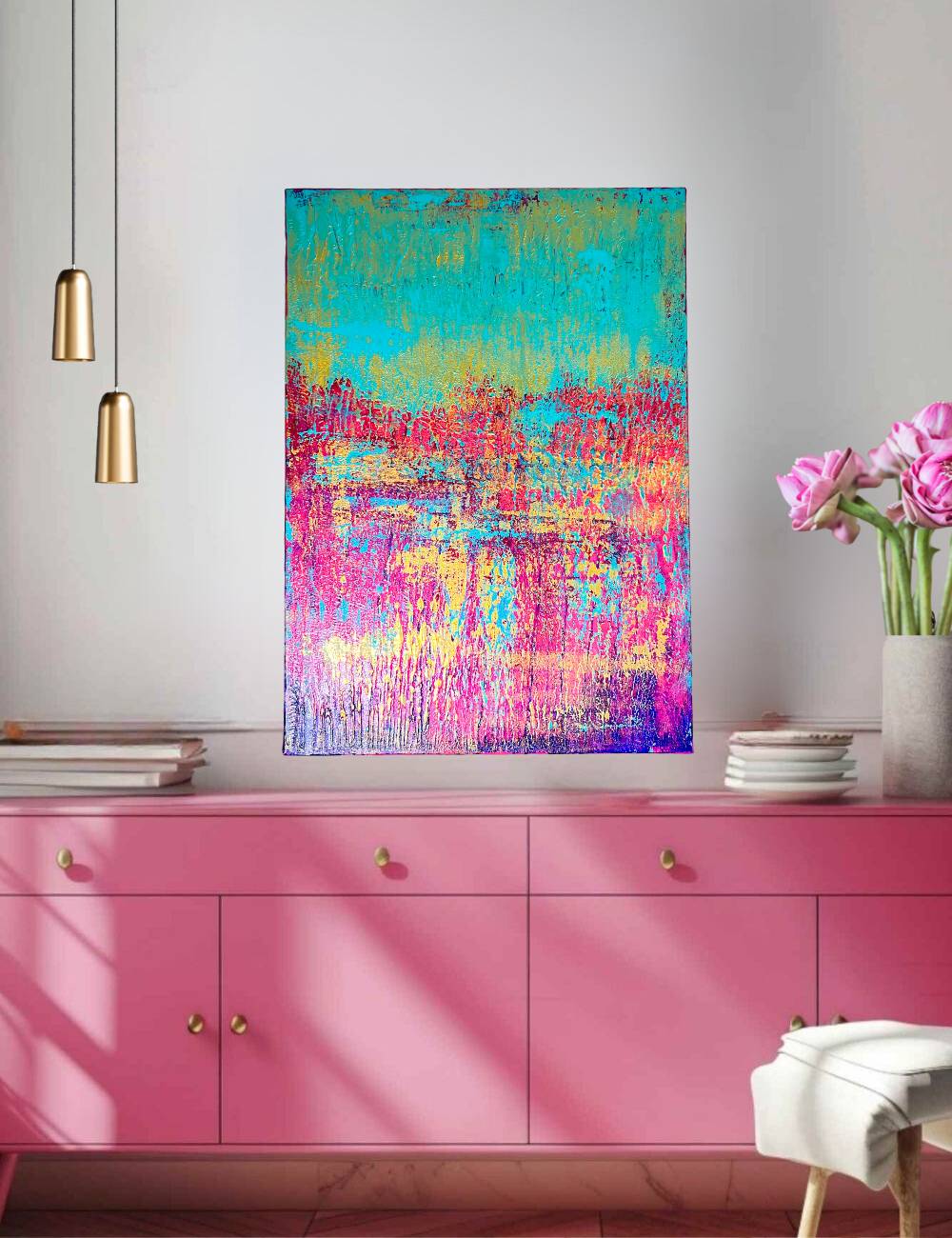 Abstraktes Gemälde, Acryl auf Leinwand, 50x70cm mit Schattenfugenrahmen