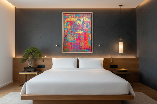 Joy – Abstraktes Acrylgemälde im asiatischen Luxus Hotelzimmer