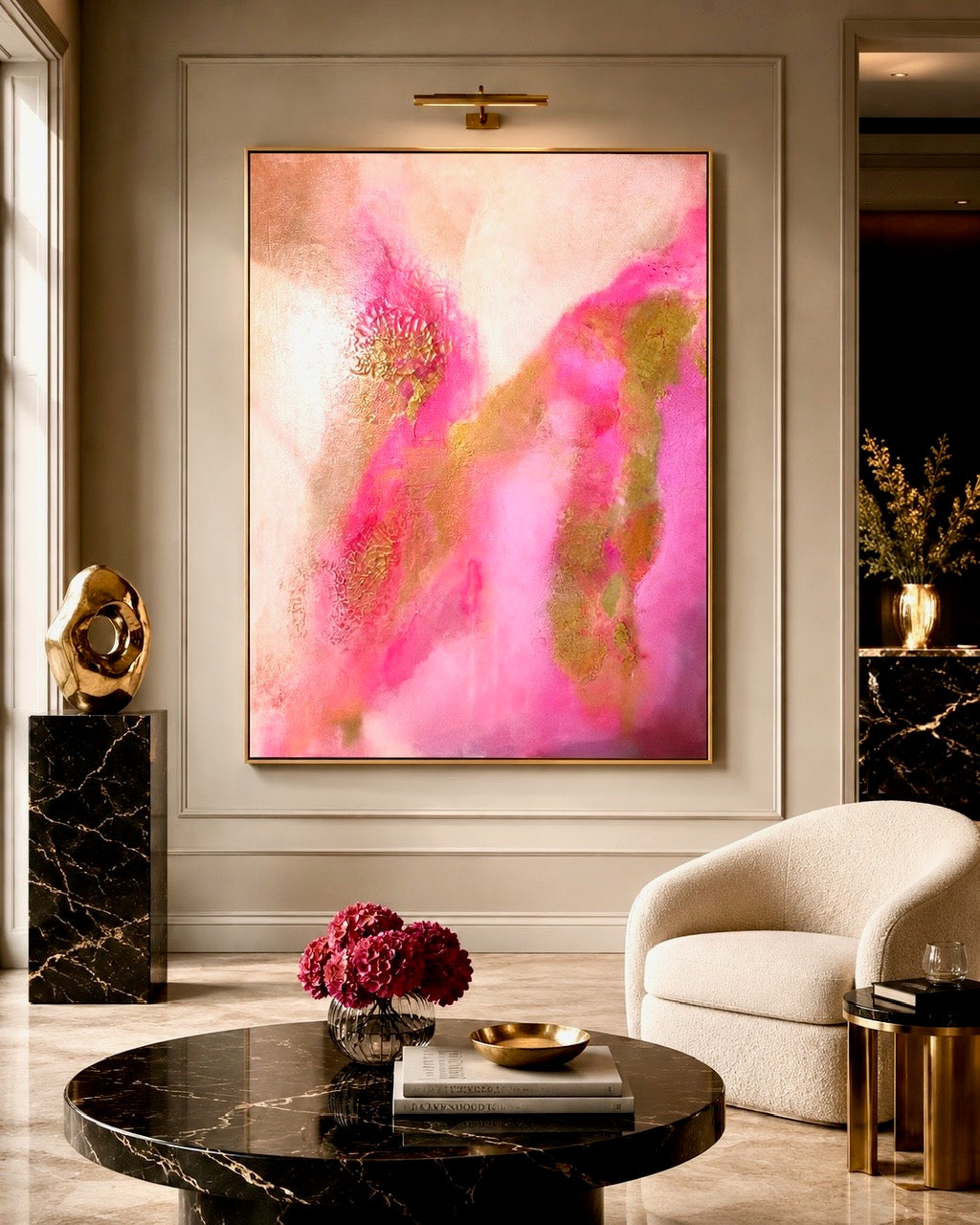Detailaufnahme von „Lotus Glow" – übereinanderliegende Farbschichten in Rosé, Pink und Gold auf Leinwand, edles Ambiente