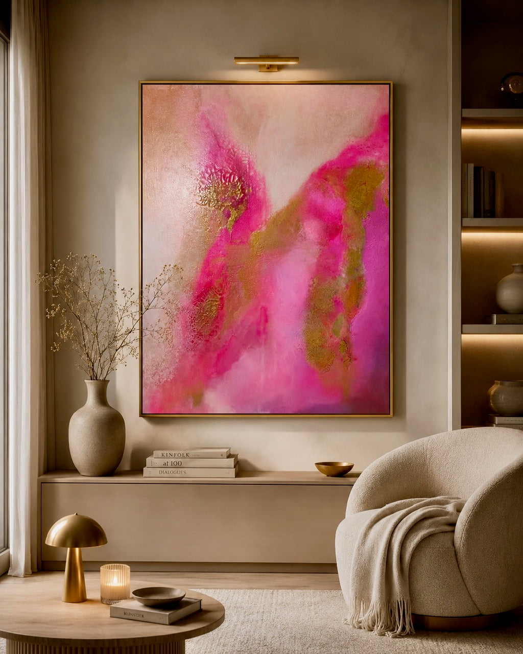 Abstraktes Gemälde „Lotus Glow" an Wohnzimmerwand, moderne Wandkunst in Rosé und Gold