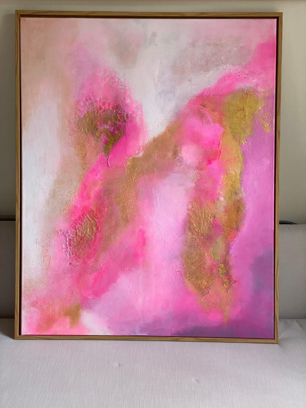 Detailaufnahme von „Lotus Glow" – übereinanderliegende Farbschichten in Rosé, Pink und Gold auf Leinwand