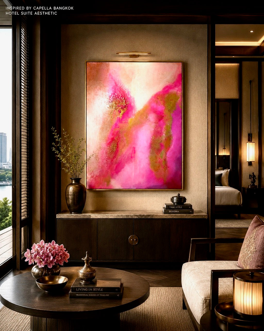 „Lotus Glow" – Frontansicht mit sichtbarer Leinwandtiefe und Schattenfugenrahmen, Boutiquehotel Stil