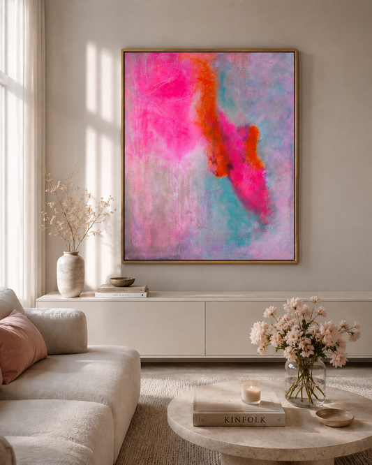 Trust – Abstraktes Acrylgemälde in Pink & Türkis, 80×100 cm, im Wohnzimmer mit Schattenfugenrahmen, BrittsGallery