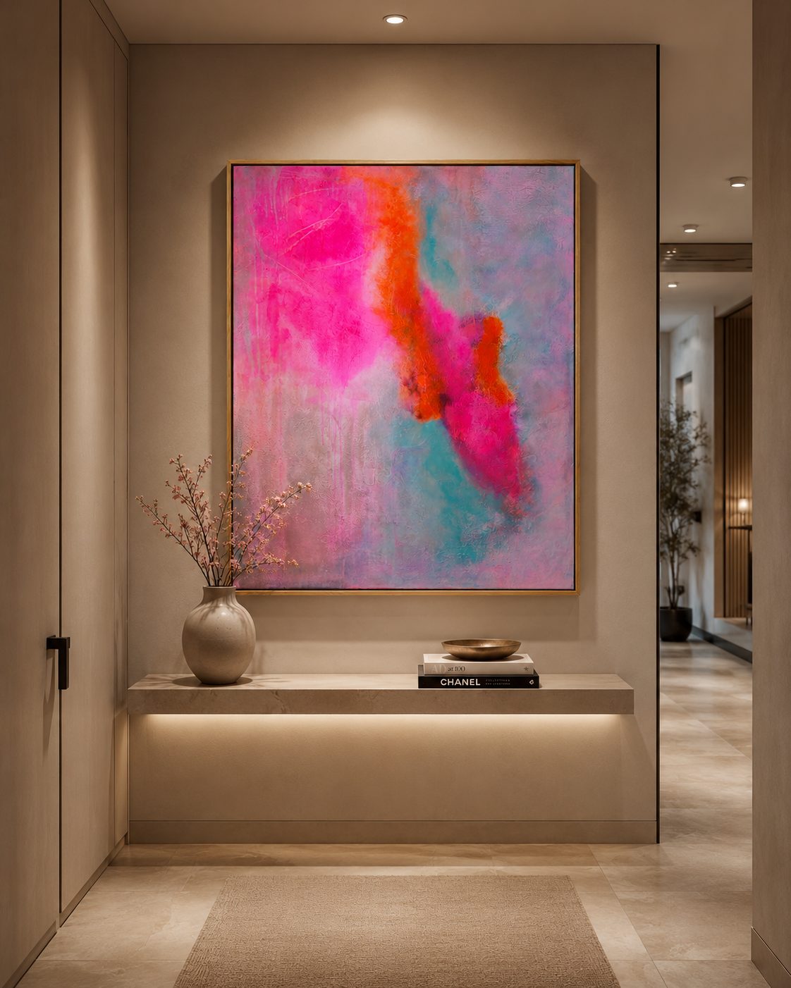 Trust – Abstraktes Acrylgemälde in Pink & Türkis im beleuchteten Flur, 80×100 cm mit Goldrahmen, BrittsGallery