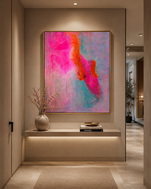 Trust – Abstraktes Acrylgemälde in Pink & Türkis im beleuchteten Flur, 80×100 cm mit Goldrahmen, BrittsGallery