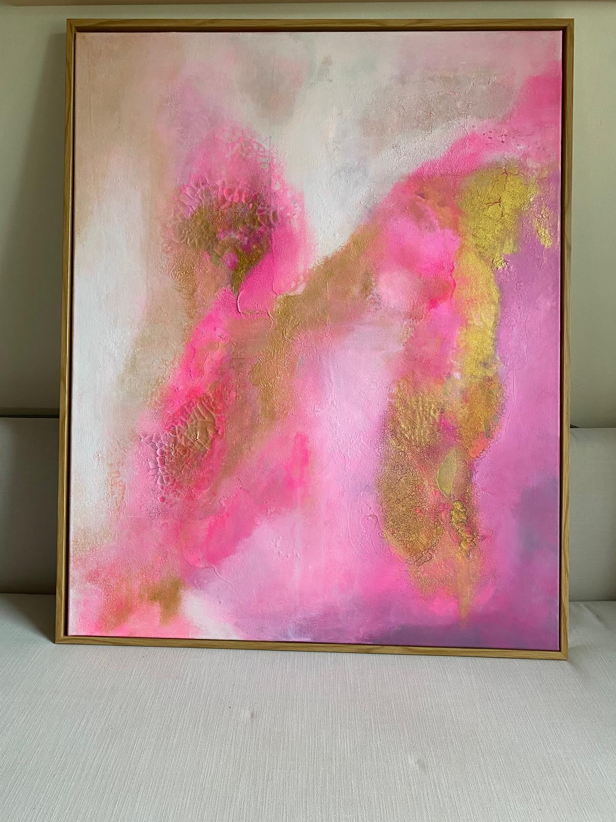 Acrylgemälde „Lotus Glow" in Rosé und Gold – Detailaufnahme der Goldakzente