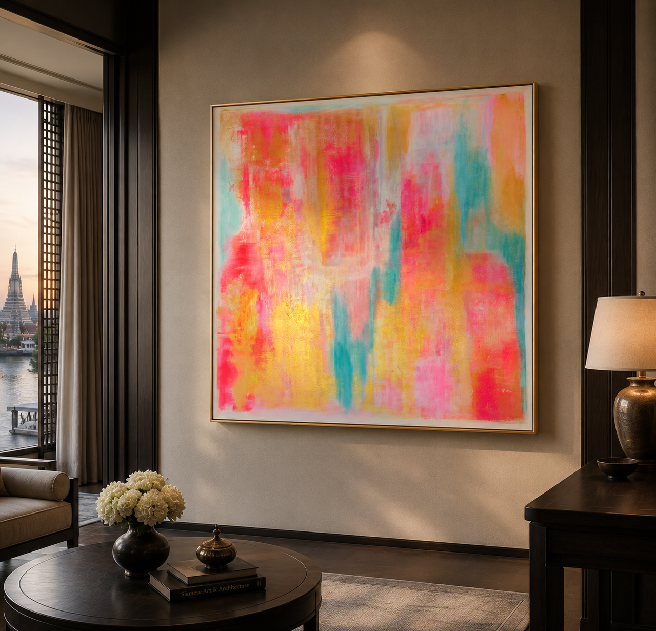 Luxuriöses Hotelinterieur mit dem abstrakten Originalgemälde La Vie en Rose von Britt's Gallery
