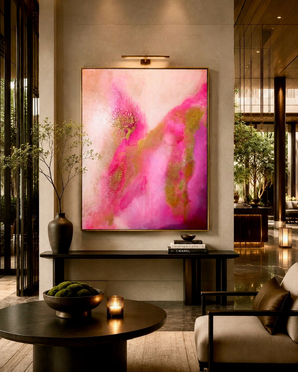 Handgemaltes abstraktes Gemälde „Lotus Glow" – Farbverlauf in Pink und Creme, edles Hotel Design