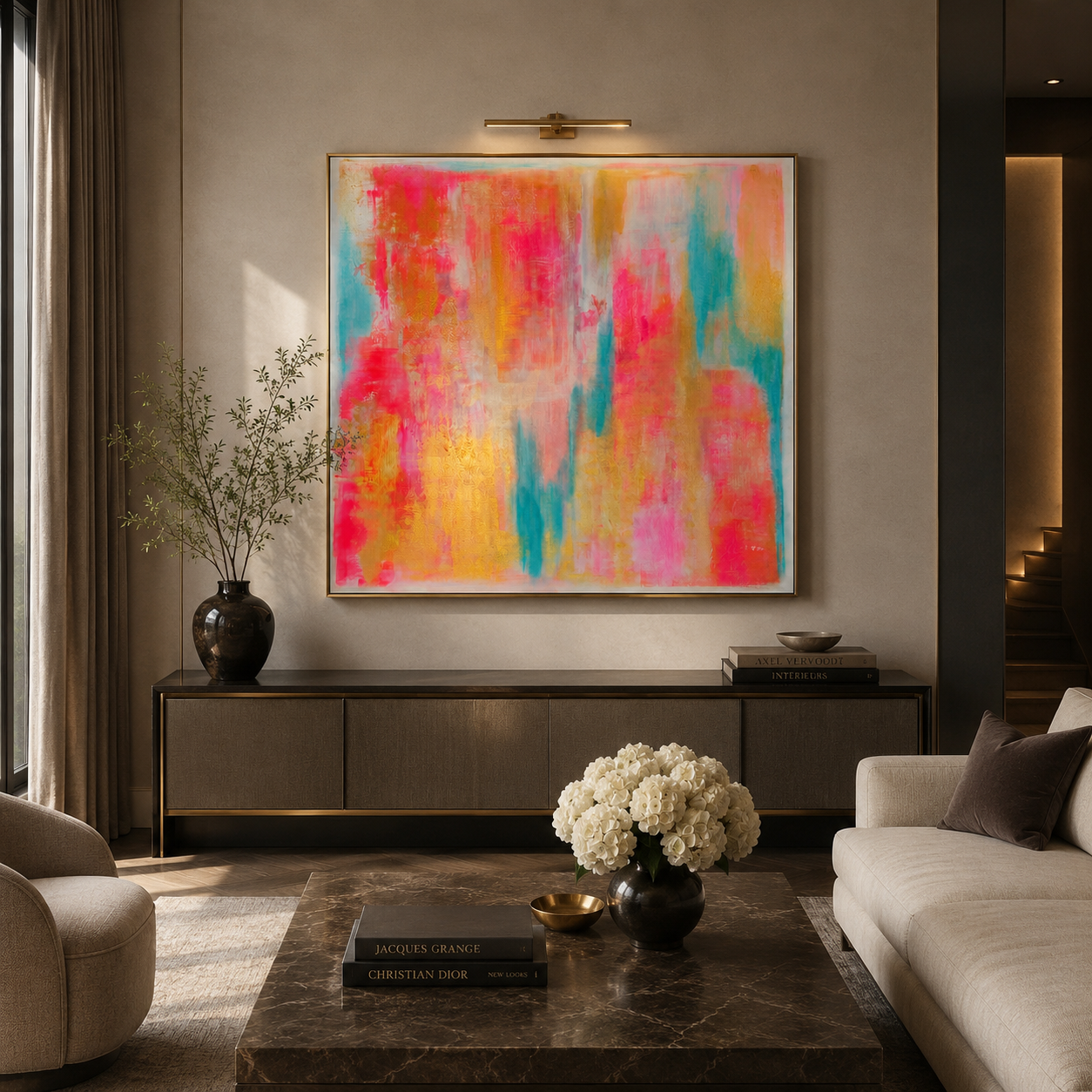 Großformatige abstrakte Wandkunst La Vie en Rose in einem modernen Wohnkonzept