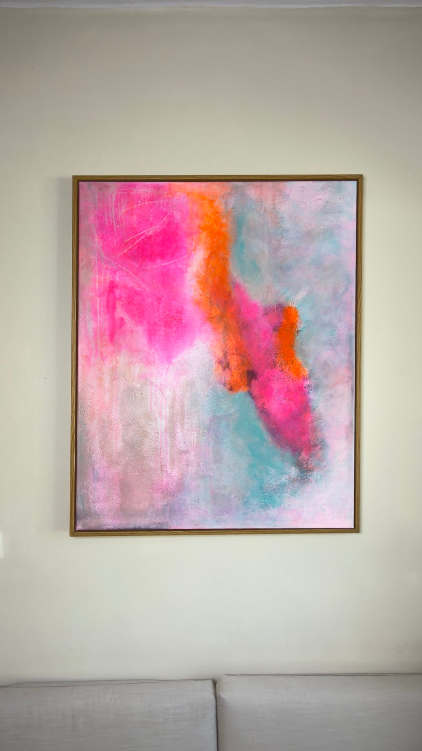 Trust – Großformatiges abstraktes Acrylgemälde in Pink & Orange über dem Sofa, 80×100 cm, BrittsGallery