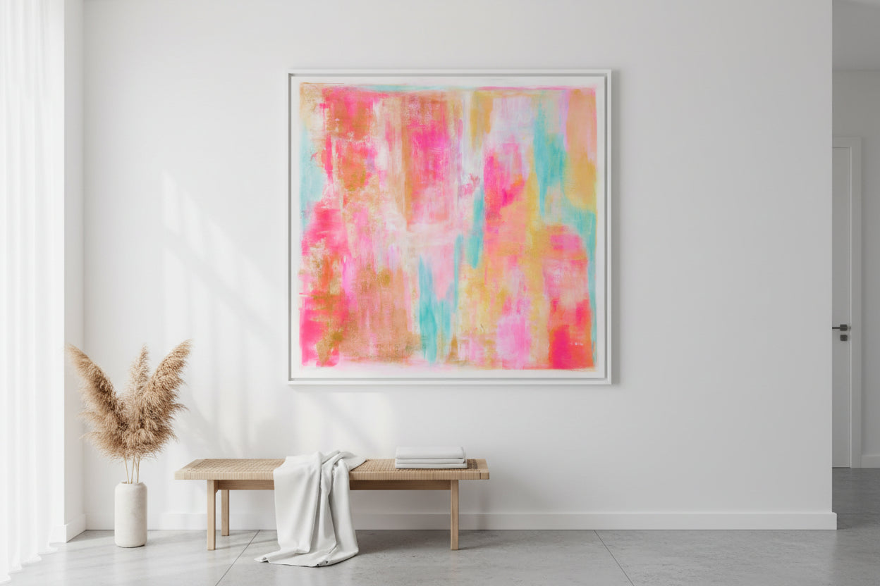 Modernes Interieur mit dem Originalgemälde La Vie en Rose in Pink, Gold und Türkis