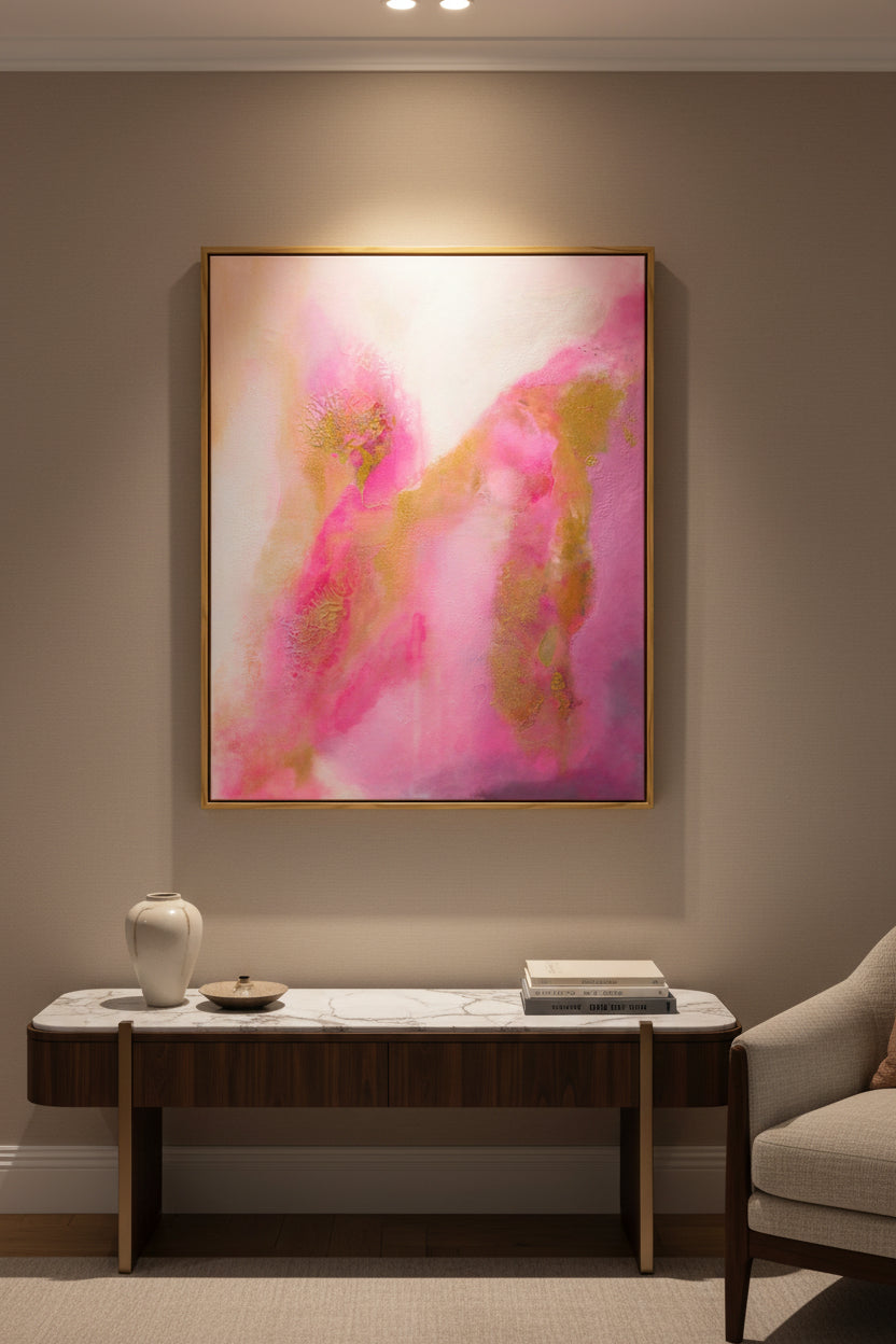 „Lotus Glow" im Raumkontext – modernes Acrylgemälde 80×100 cm mit Rahmen