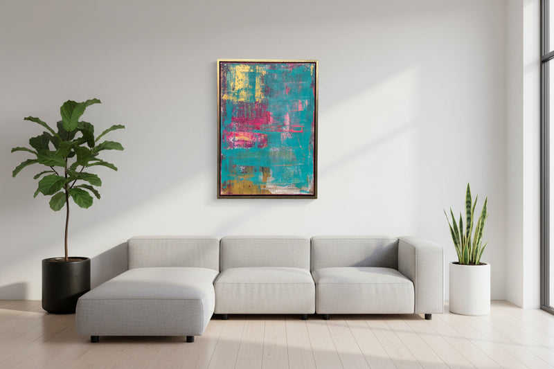 Neon Fiesta – Abstraktes Acrylgemälde, 50x70cm, mit Schattenfugenrahmen