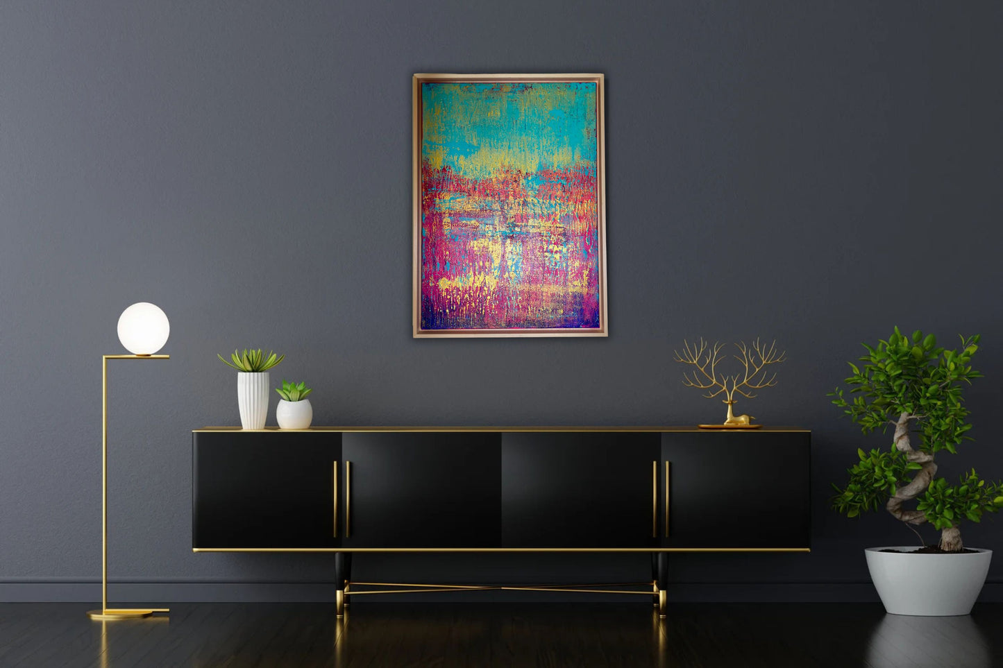 Abstraktes Gemälde, Acryl auf Leinwand, 50x70cm mit Schattenfugenrahmen