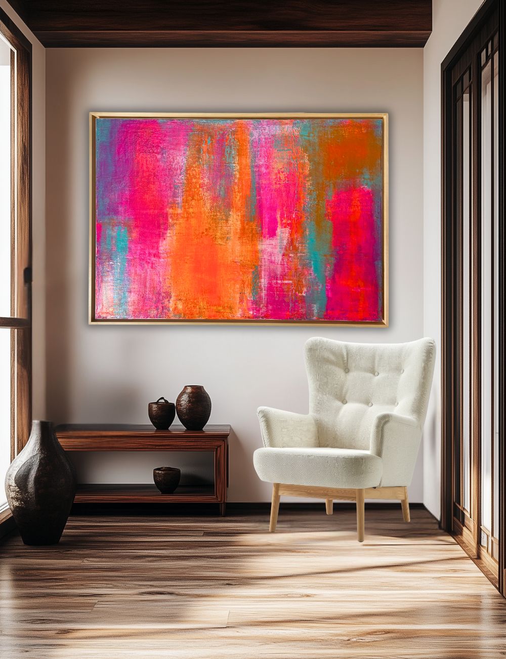 Tropic Glow - Original abstraktes Acrylgemälde, 70x100cm, mit Schattenfugenrahmen