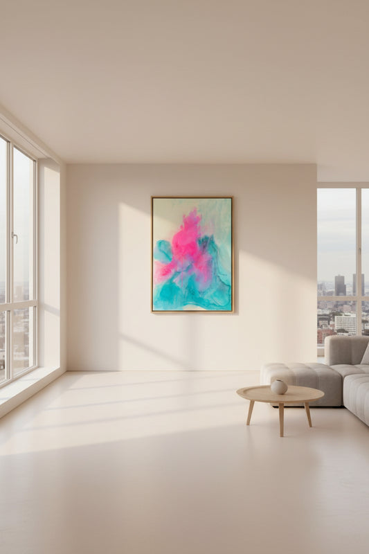 Mint & Magic – Abstraktes Acrylgemälde, 70x100cm, mit Schattenfugenrahmen