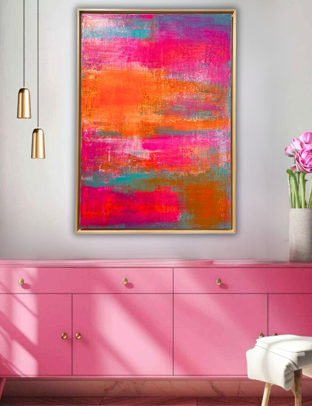 Tropic Glow - Original abstraktes Acrylgemälde, 70x100cm, mit Schattenfugenrahmen