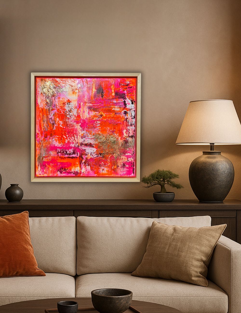 Sunset Glow - Original abstraktes Acrylgemälde, 60 x 60 cm,  mit Schattenfugenrahmen