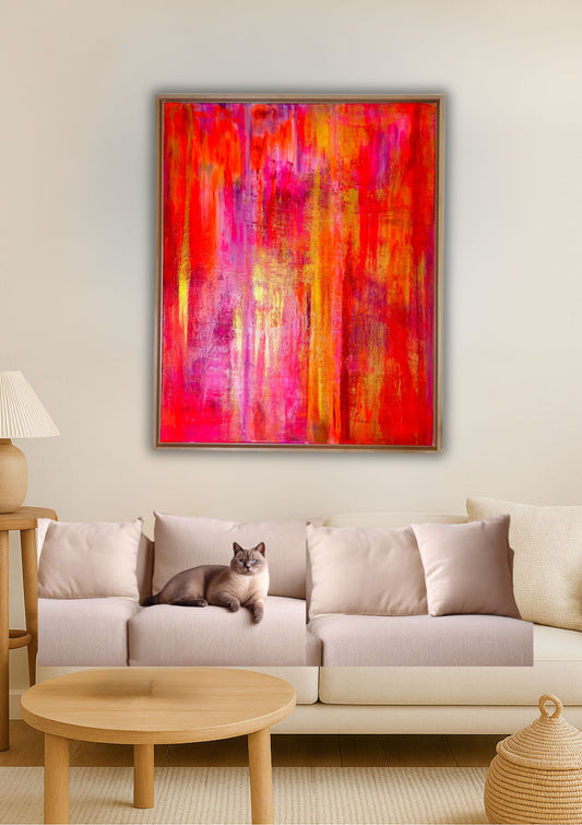 Essence of Summer - Original abstraktes Acrylgemälde, 80x100cm, mit Schattenfugenrahmen