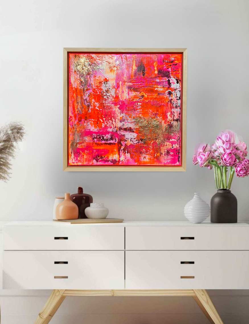 Sunset Glow - Original abstraktes Acrylgemälde, 60 x 60 cm,  mit Schattenfugenrahmen