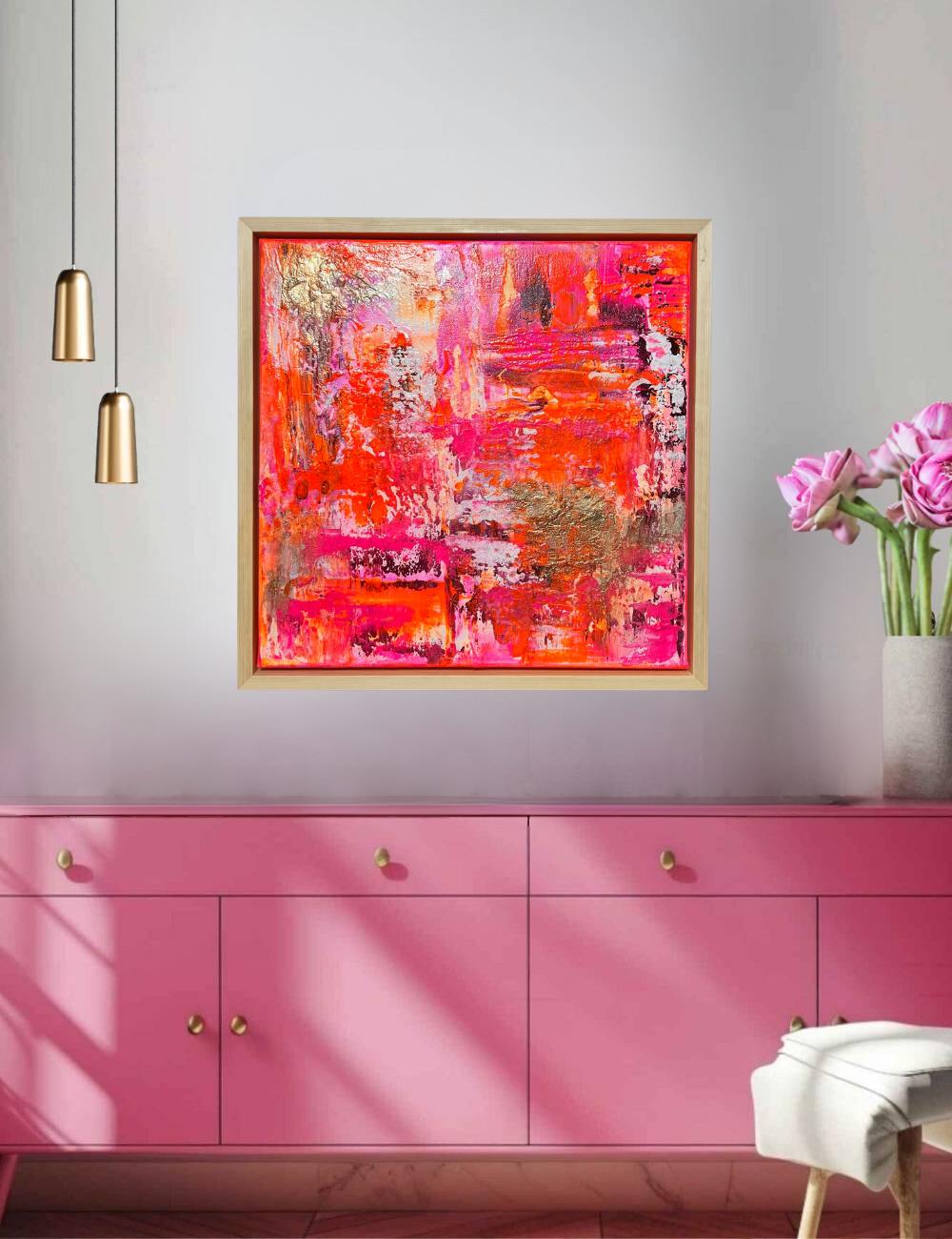 Sunset Glow - Original abstraktes Acrylgemälde, 60 x 60 cm,  mit Schattenfugenrahmen