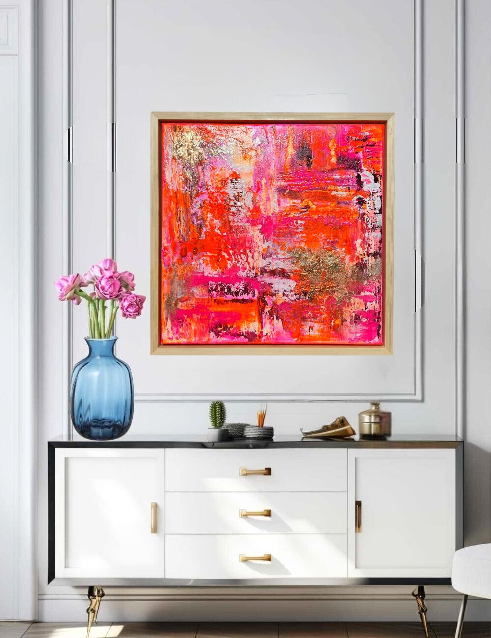 Sunset Glow - Original abstraktes Acrylgemälde, 60 x 60 cm,  mit Schattenfugenrahmen