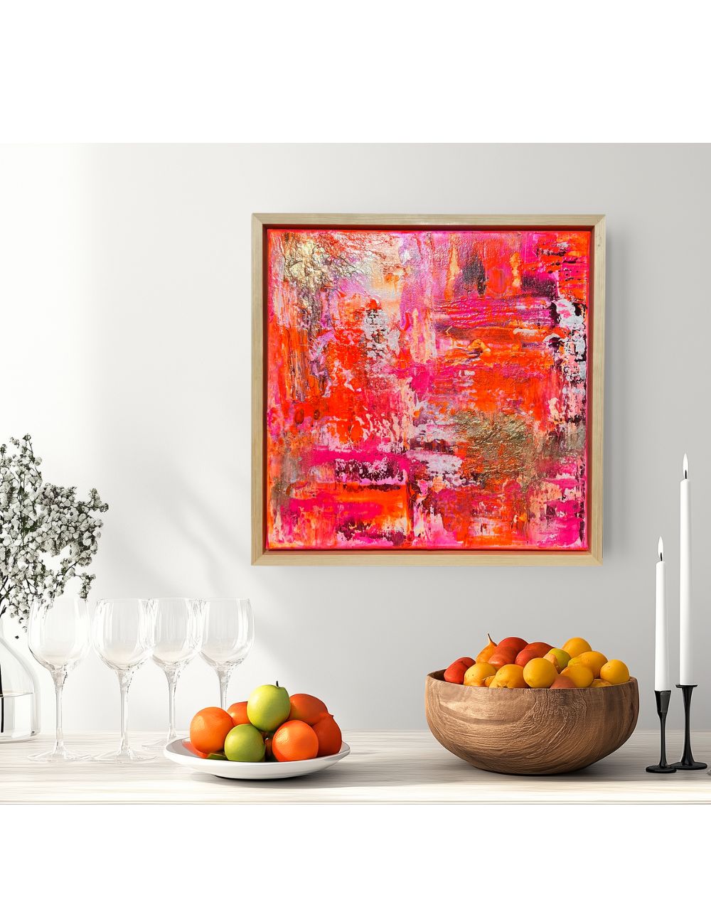 Sunset Glow - Original abstraktes Acrylgemälde, 60 x 60 cm,  mit Schattenfugenrahmen