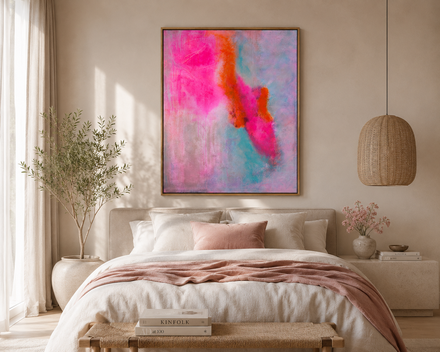 Trust – Originales Acrylgemälde in Neonpink & Türkis über dem Bett, 80×100 cm mit Holzrahmen, BrittsGallery
